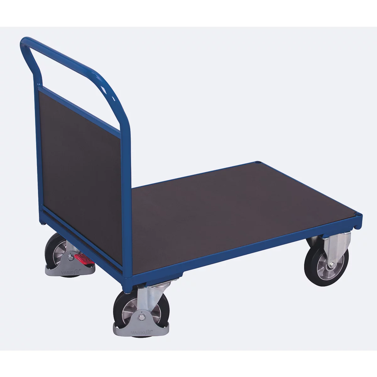 Stirnwandwagen, Stahl/Siebdruckplatte, Enzianblau/Dunkelbraun, L 1025 x B 700 mm, Vollgummi-Rollen mit EasySTOP, bis 1000 kg