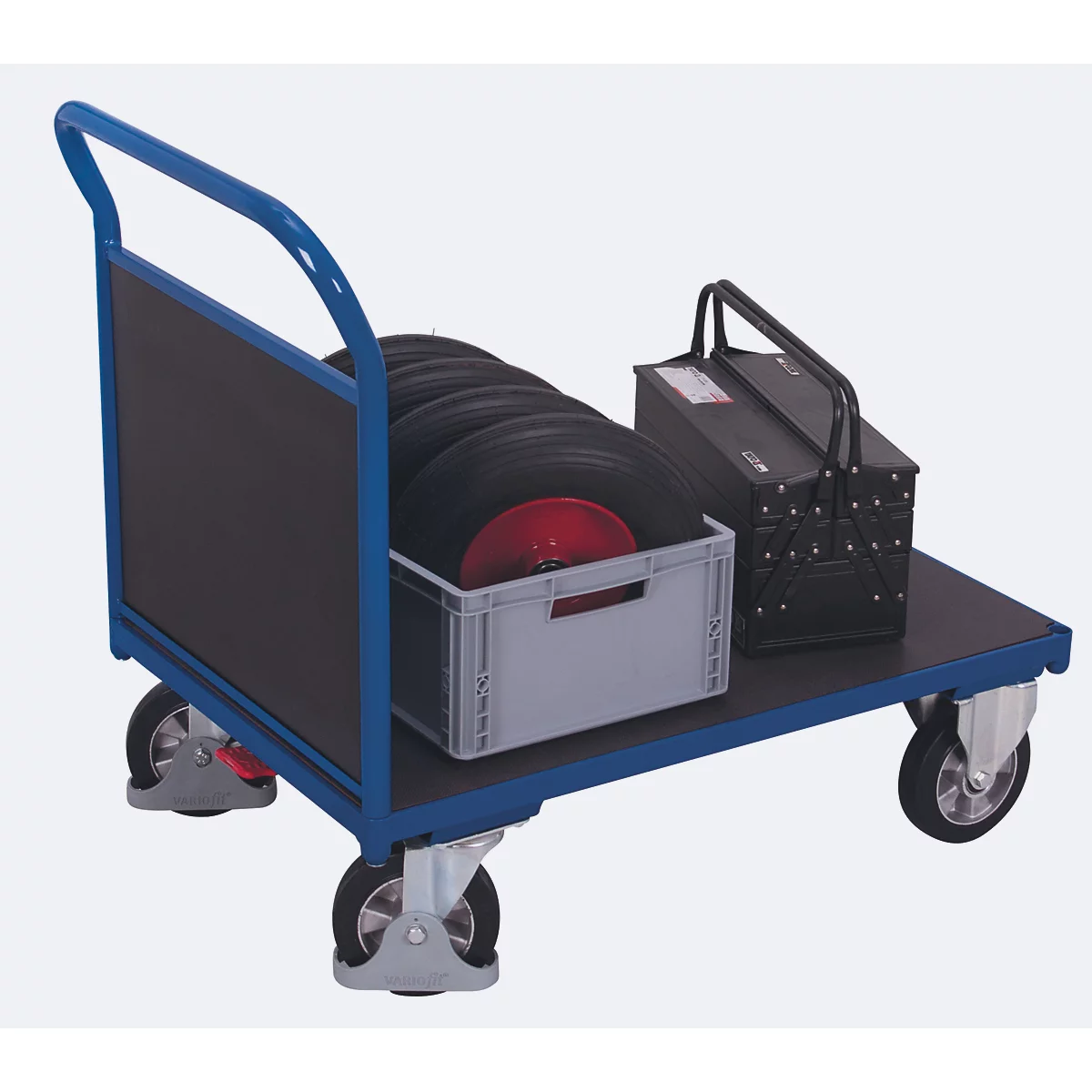 Stirnwandwagen, Stahl/Siebdruckplatte, Enzianblau/Dunkelbraun, L 1025 x B 700 mm, Vollgummi-Rollen mit EasySTOP, bis 1000 kg