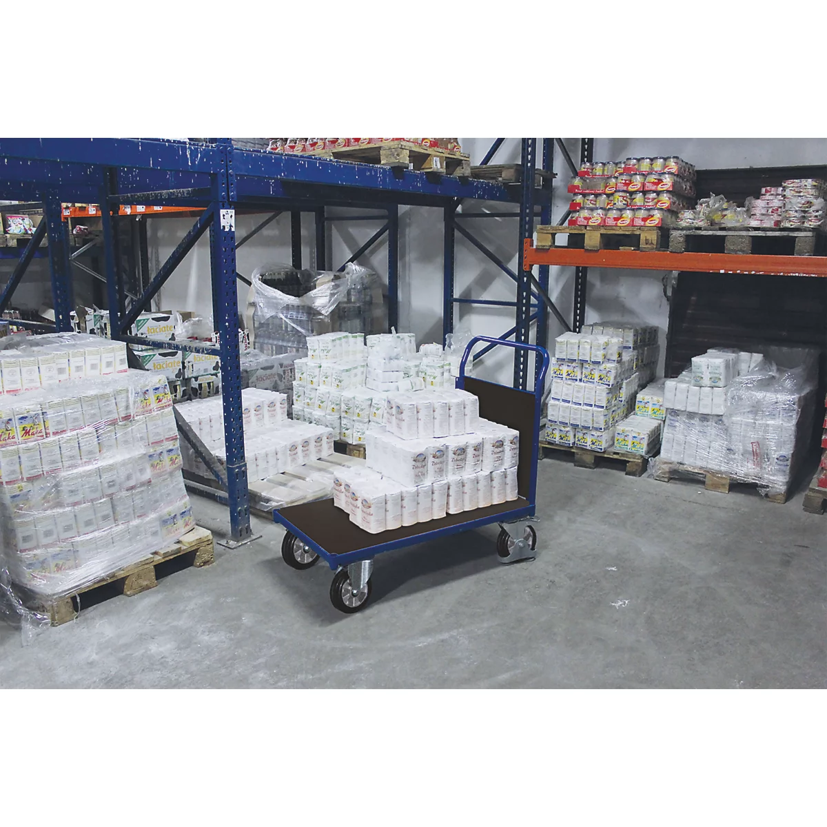 Stirnwandwagen, Stahl/Siebdruckplatte, Enzianblau/Dunkelbraun, L 1025 x B 700 mm, Vollgummi-Rollen mit EasySTOP, bis 1000 kg