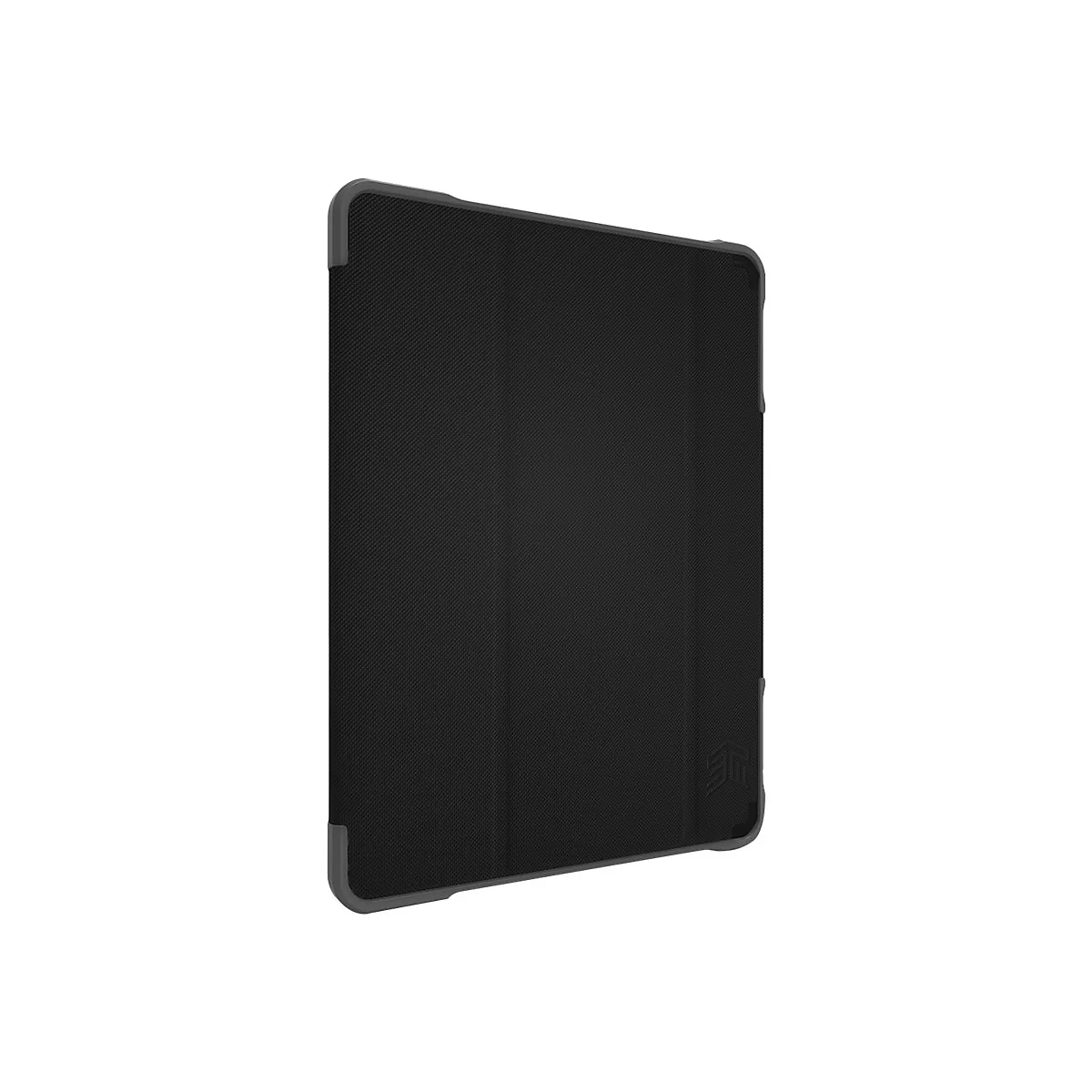 Schwarze Tablet-Hülle mit grauem Rahmen und einem strukturierten Muster. Logo in der unteren rechten Ecke.