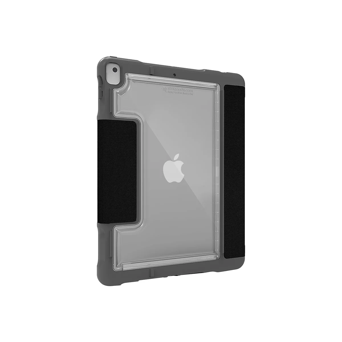 Ein graues iPad mit Hülle. Schwarze Griffe und durchsichtige Oberfläche mit Apple-Logo.