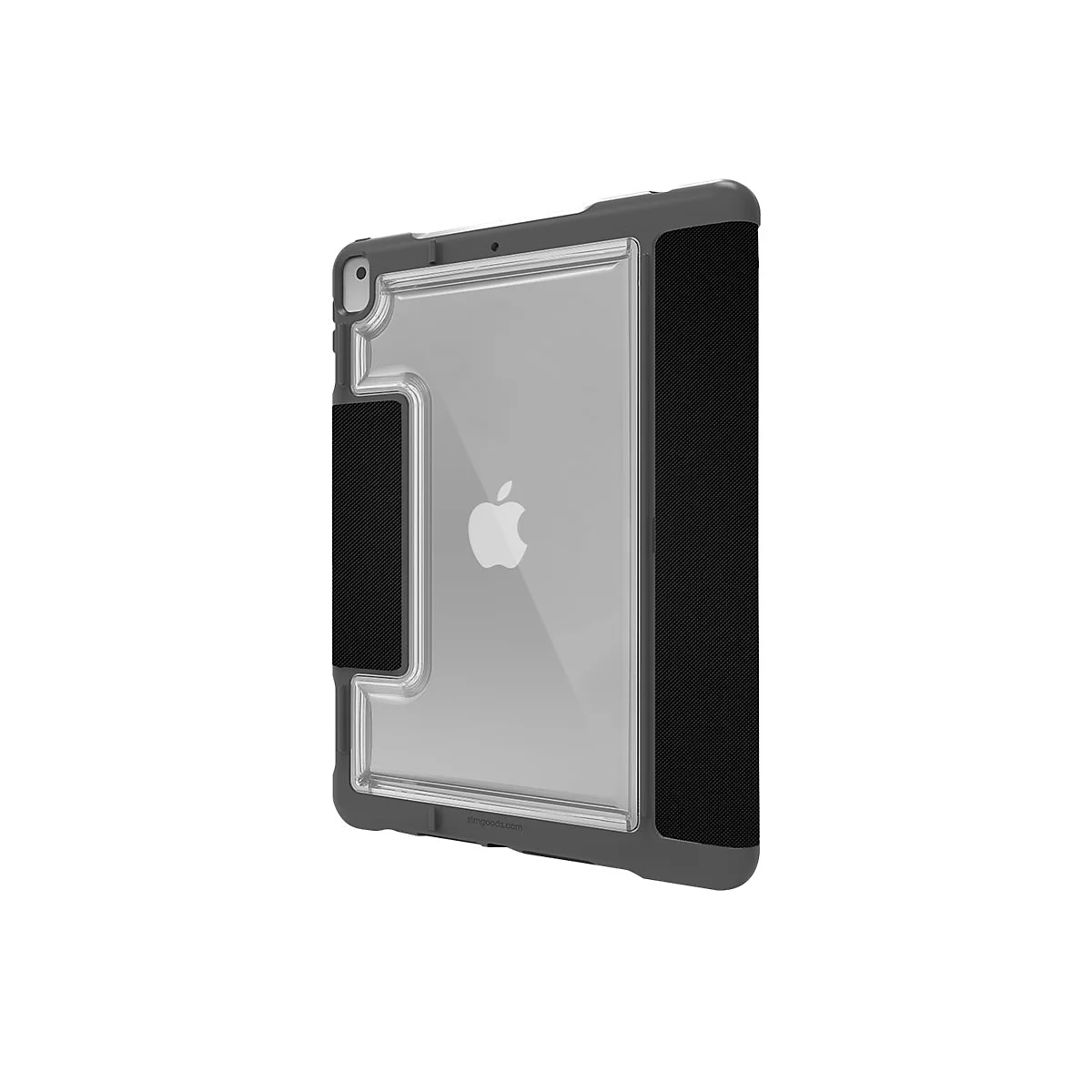 Graue iPad-Schutzhülle mit schwarzem Rand und Griff. Das Apple-Logo ist sichtbar.