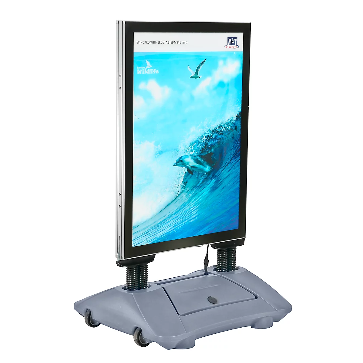 Stoepbord WindPro LED - polycarbonaat - B 740 x H 1223 mm - voor A1 formaat - weerbestendig- met wielen - grijs