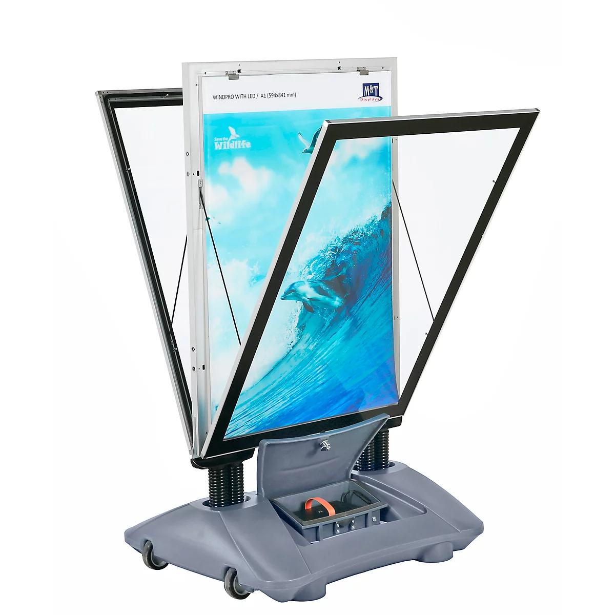 Stoepbord WindPro LED - polycarbonaat - B 740 x H 1223 mm - voor A1 formaat - weerbestendig- met wielen - grijs