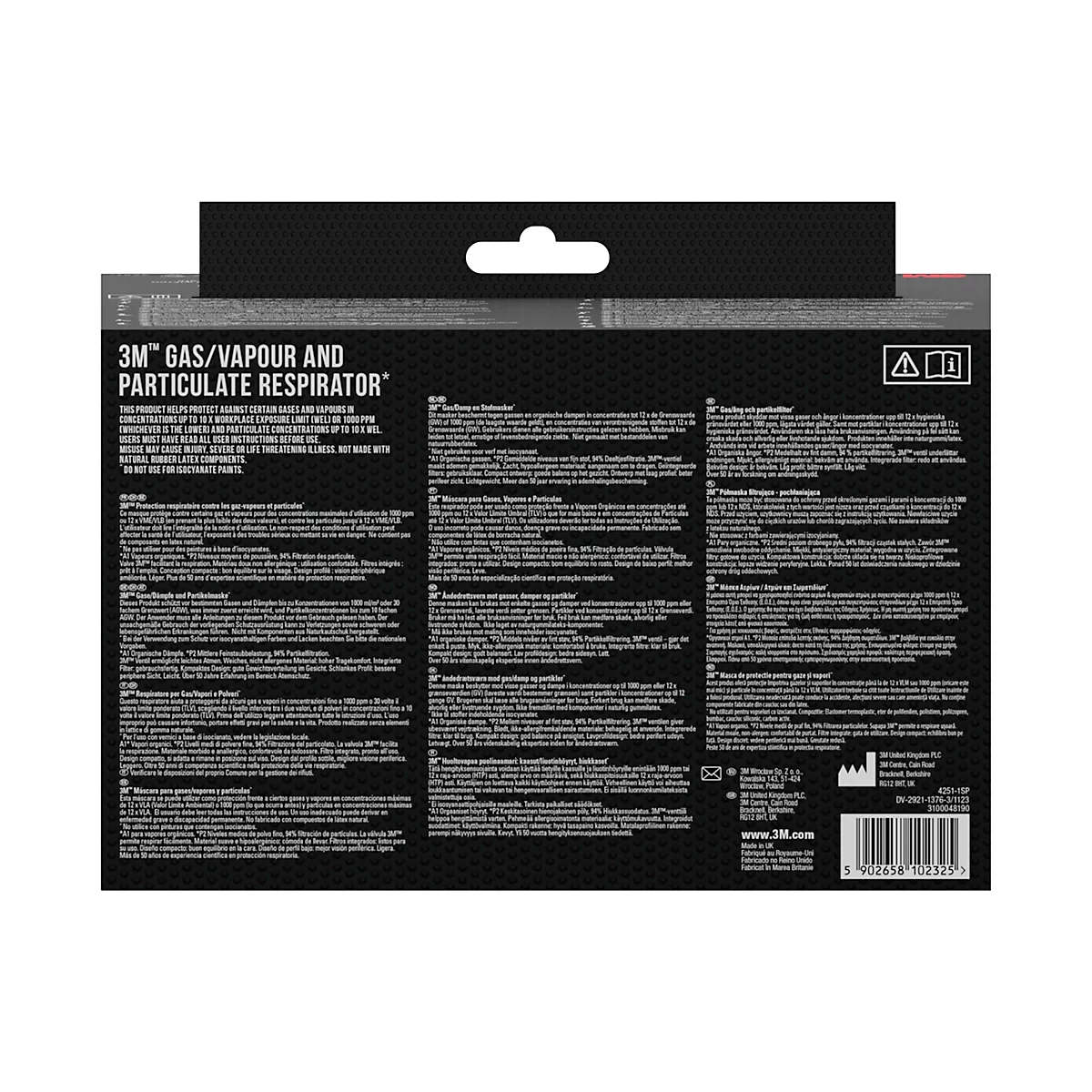 Verpakking van een 3M-ademhalingsapparaat met geïntegreerde filters, donkerblauw en wit. Op de verpakking staat een man afgebeeld die een masker draagt.