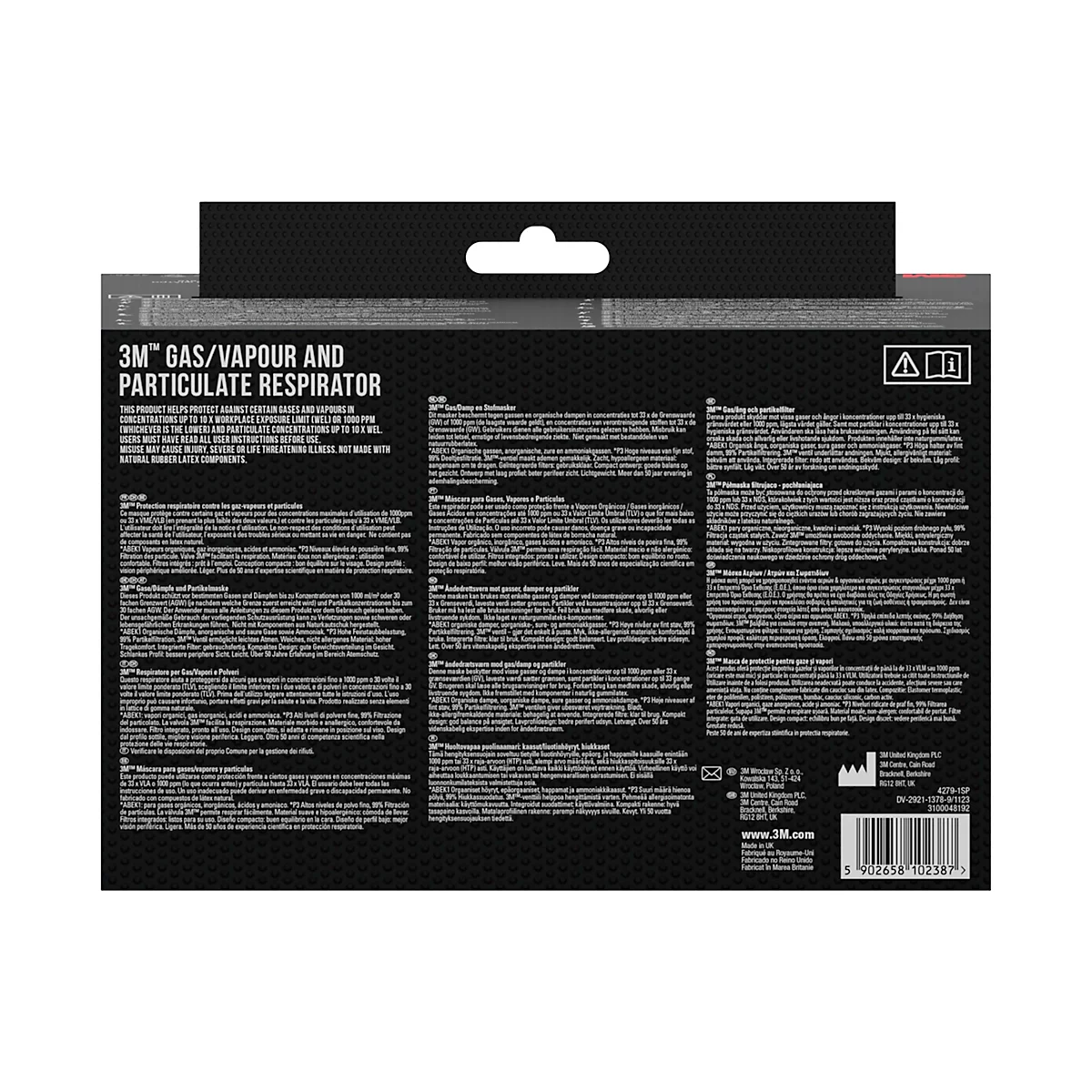 Blauw-wit 3M-ademhalingsmasker met geïntegreerde filters. De doos toont productkenmerken en een illustratie van het masker in gebruik.