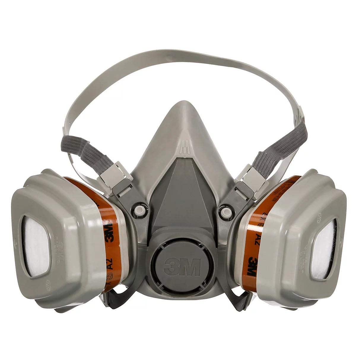 3M-ademhalingsmasker op de verpakking. Grijze masker, oranje details. Tekst: Respirator.