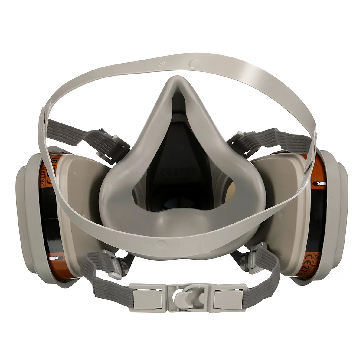 Ademhalingsmasker, grijs met filters en hoofdband.