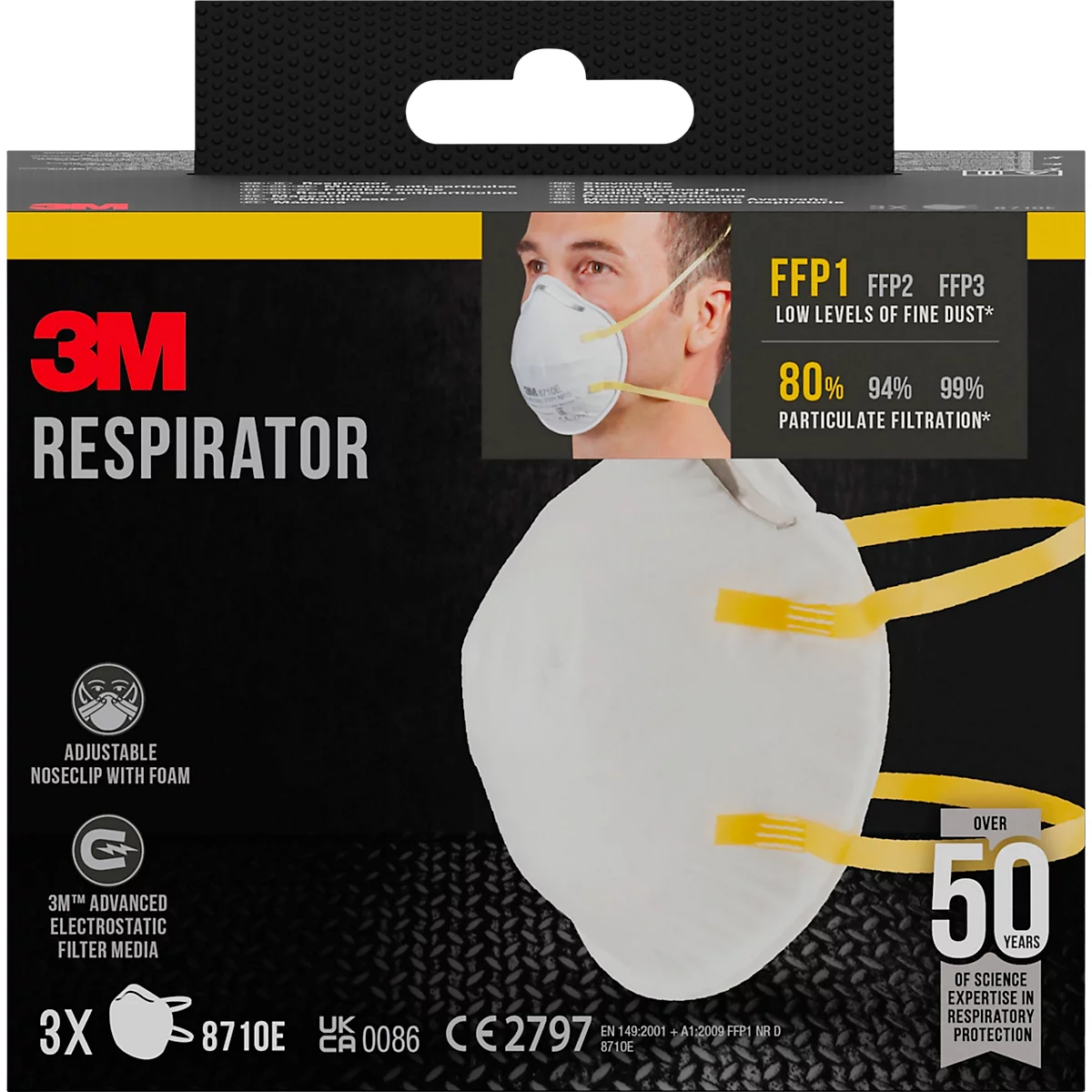Witte 3M ademhalingsbescherming met gele bandjes en tekst over filterprestaties. Meer informatie op de verpakking.