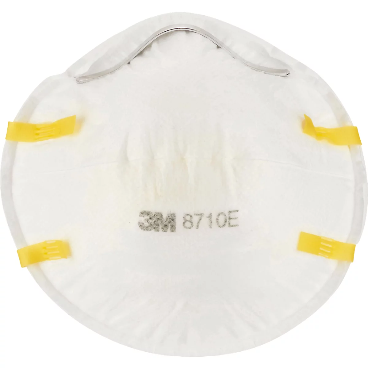Witte 3M-ademhalingsmasker, gele bandjes, grijze draad, tekst: 3M 8710E.