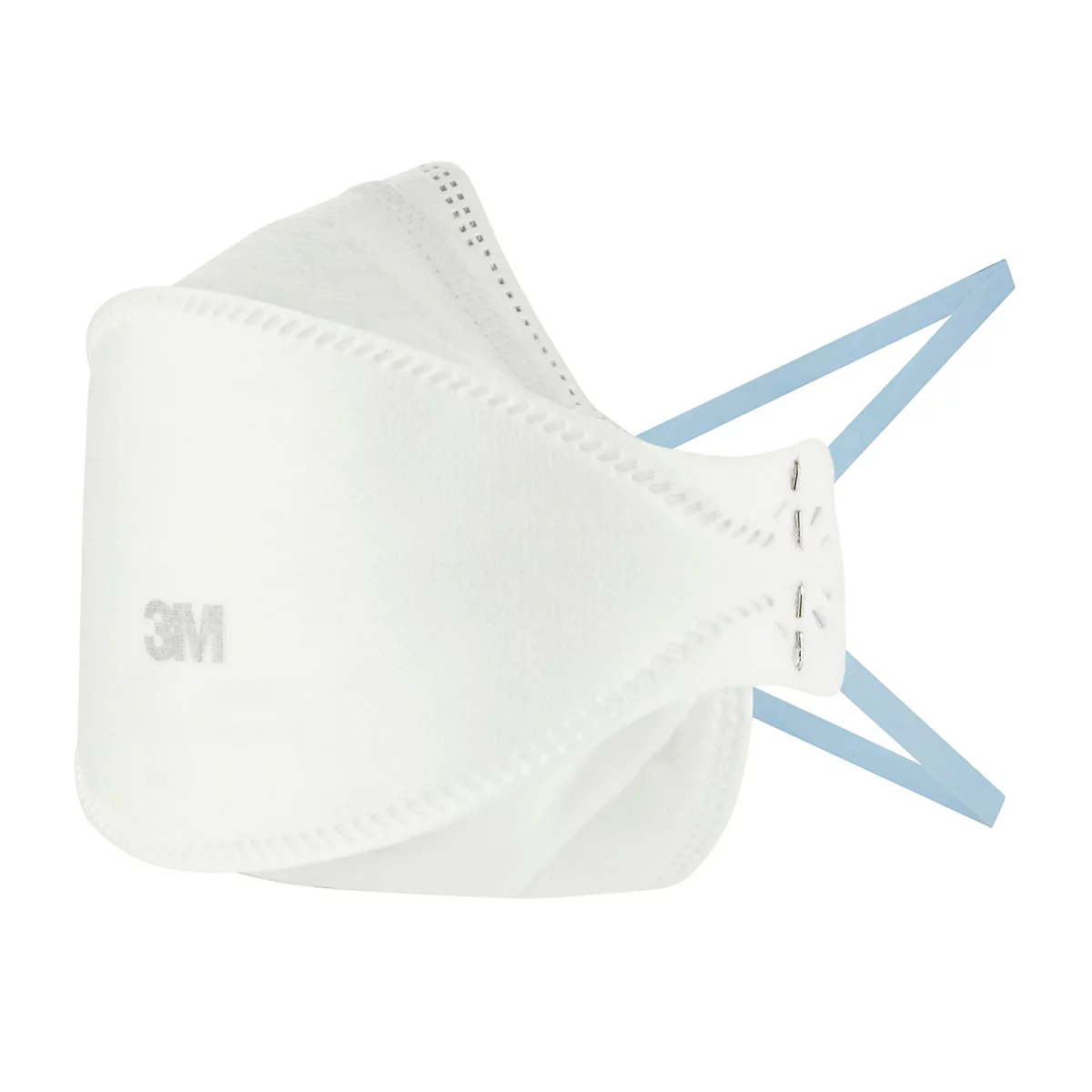 Wit ademhalingsmasker, beige binnenkant, met blauwe strepen en sluitingen.