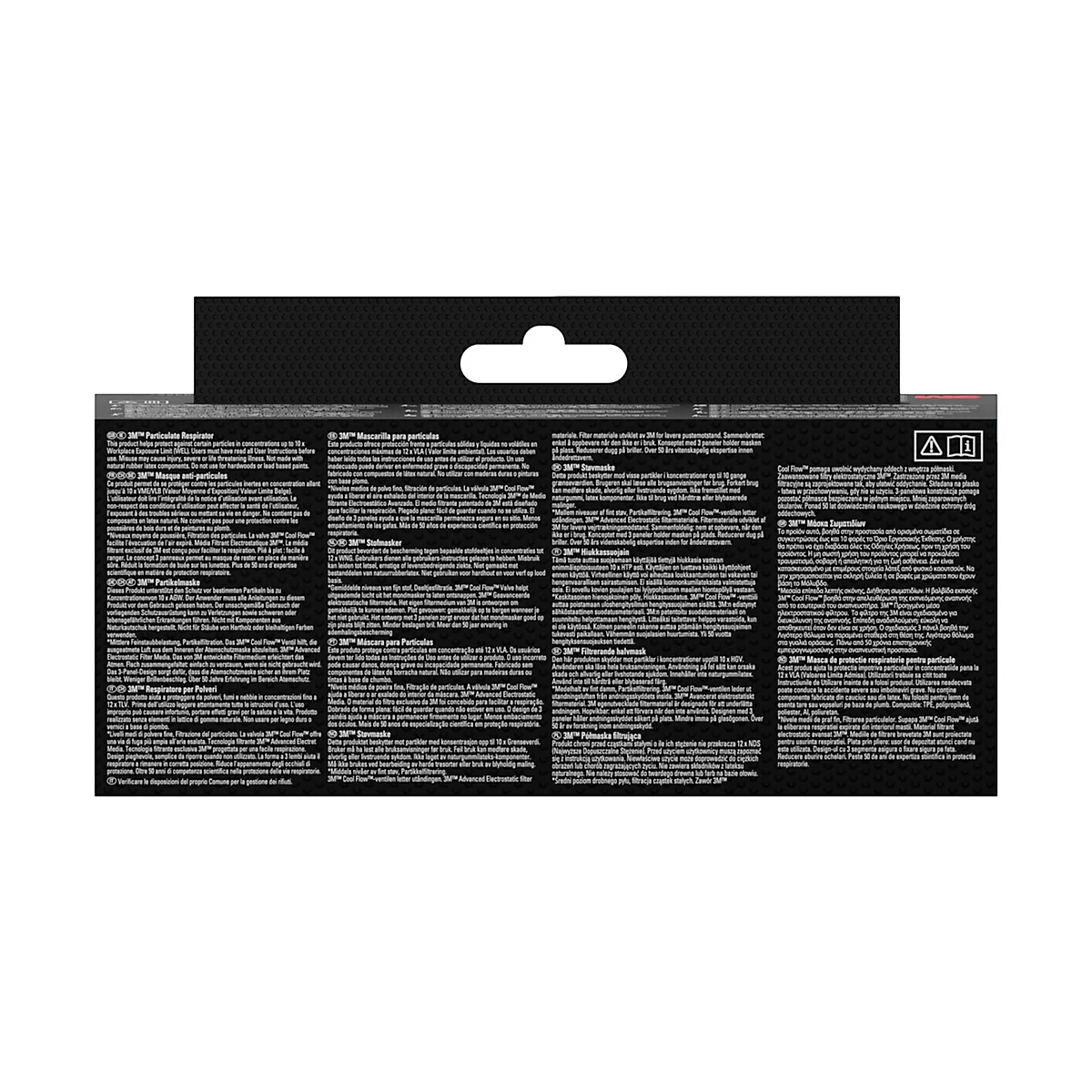 Detailopname van een wit FFP2-masker. Het masker vertoont vouwen en ventilatiegaten, met een blauwe band en 3M-logo.