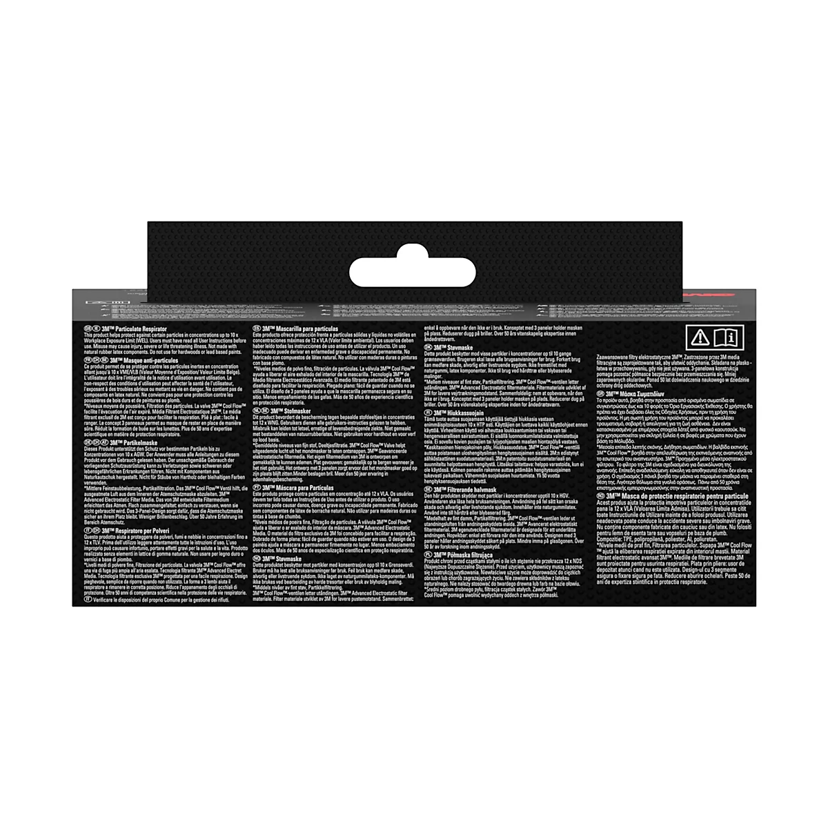 Man draagt een wit 3M-ademhalingsmasker tegen een witte achtergrond, masker bedekt neus en mond.