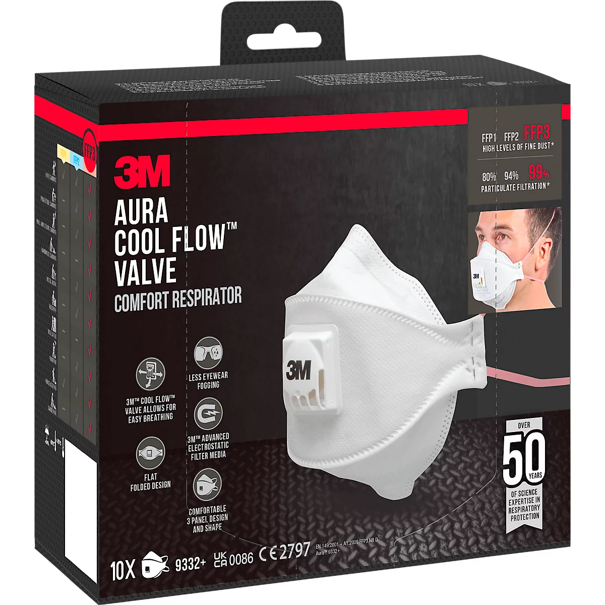 Een 3M-ademhalingsmasker met de inscriptie "Aura Cool Flow Valve". Het ligt in de verpakking, met meer details.