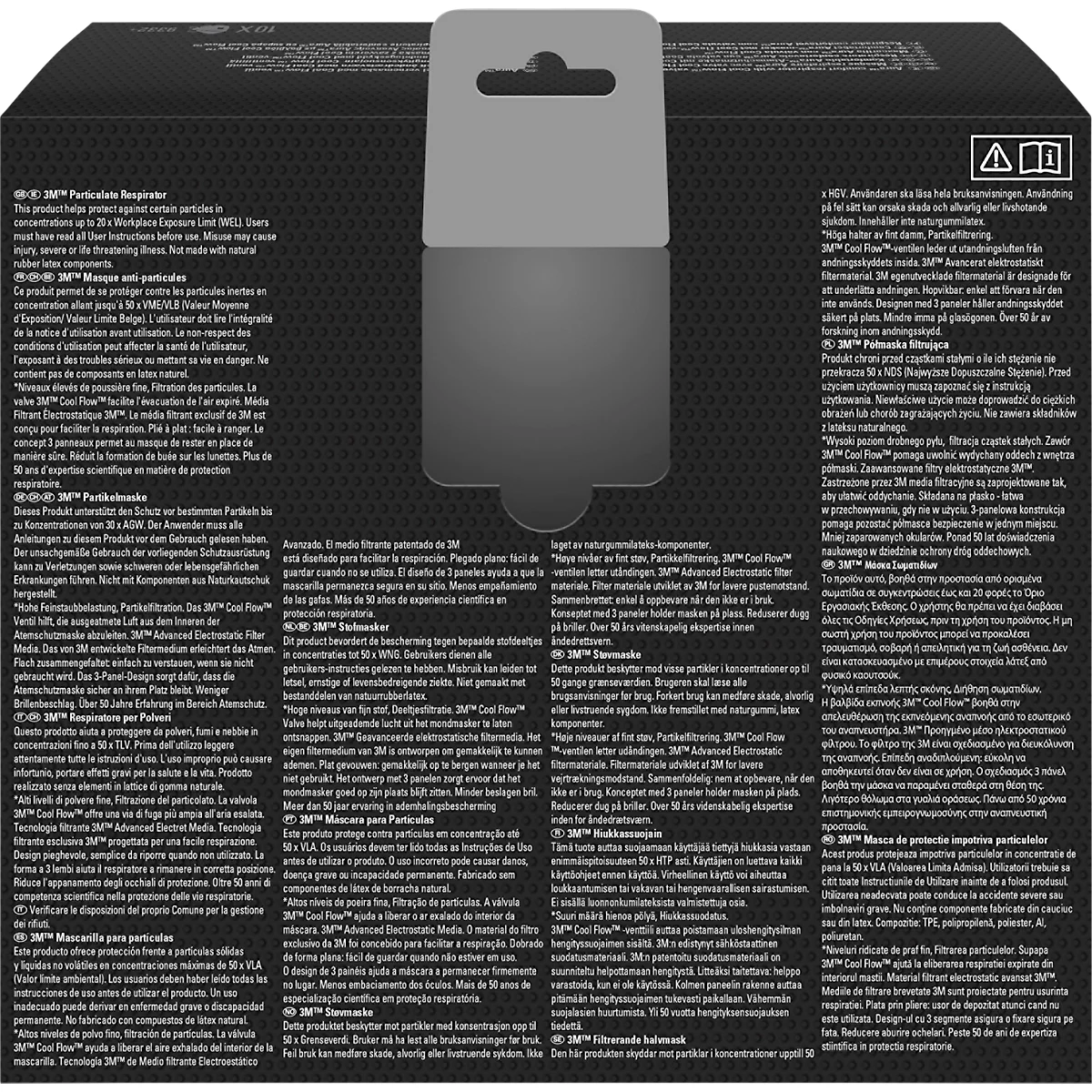 Zwarte doos met productinformatie en een hanger. Tekst in verschillende talen.