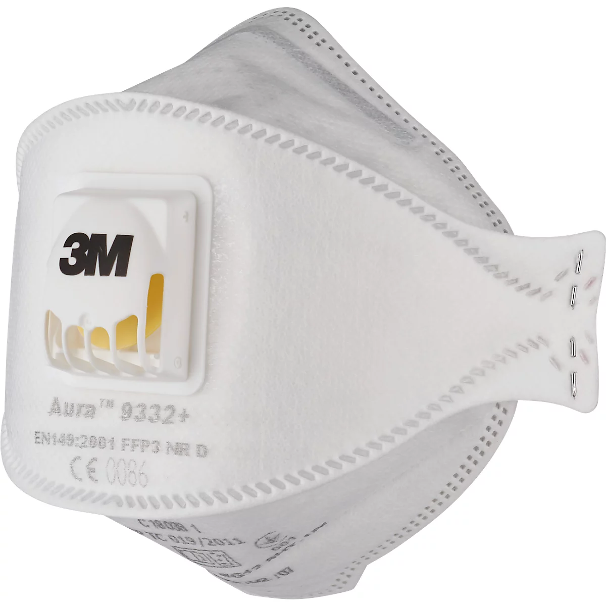 Witte 3M Aura 9332+ ademhalingsmasker. Logo en tekst aan de voorkant. Gedetailleerde vouw en bevestiging.