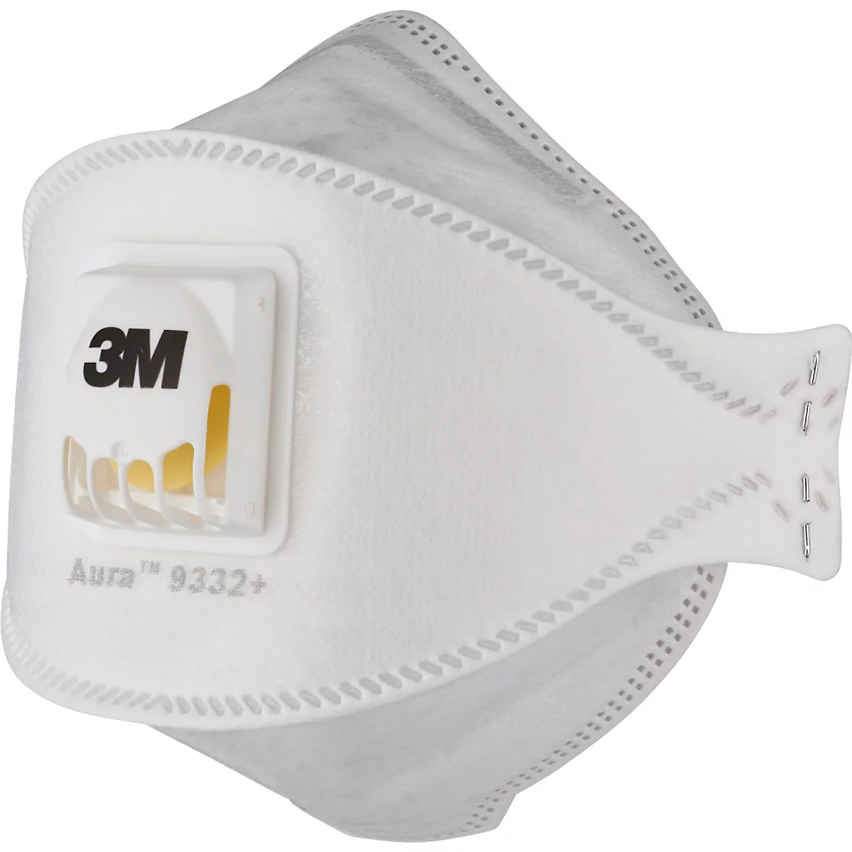 Witte 3M Aura 9332+ ademhalingsmasker, met ventiel en ingeprent 3M logo.