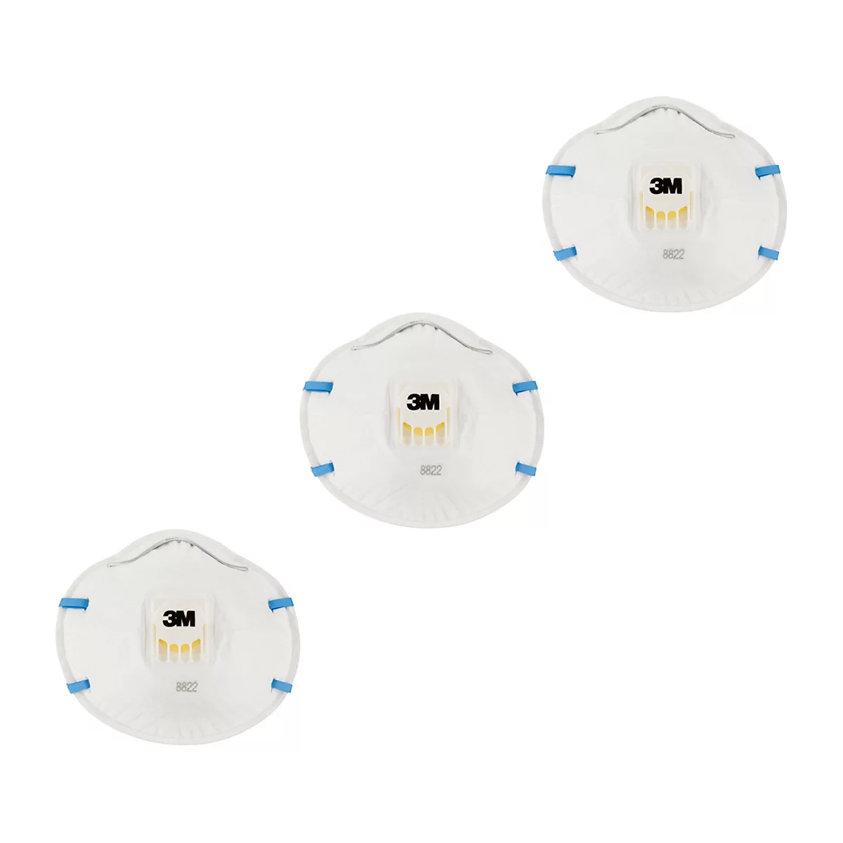 Man met een 3M-ademhalingsmasker in profiel. Het masker is wit met blauwe bandjes.