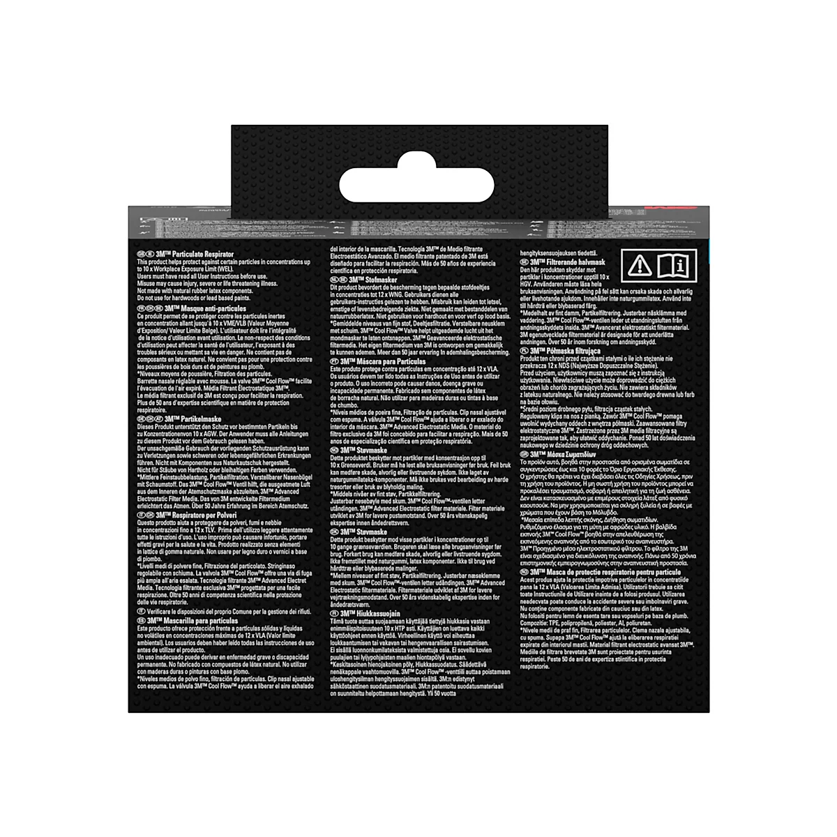 3M Cool Flow-ademhalingsmasker in de verpakking. De doos toont productinformatie en een illustratie van een persoon die het masker draagt.