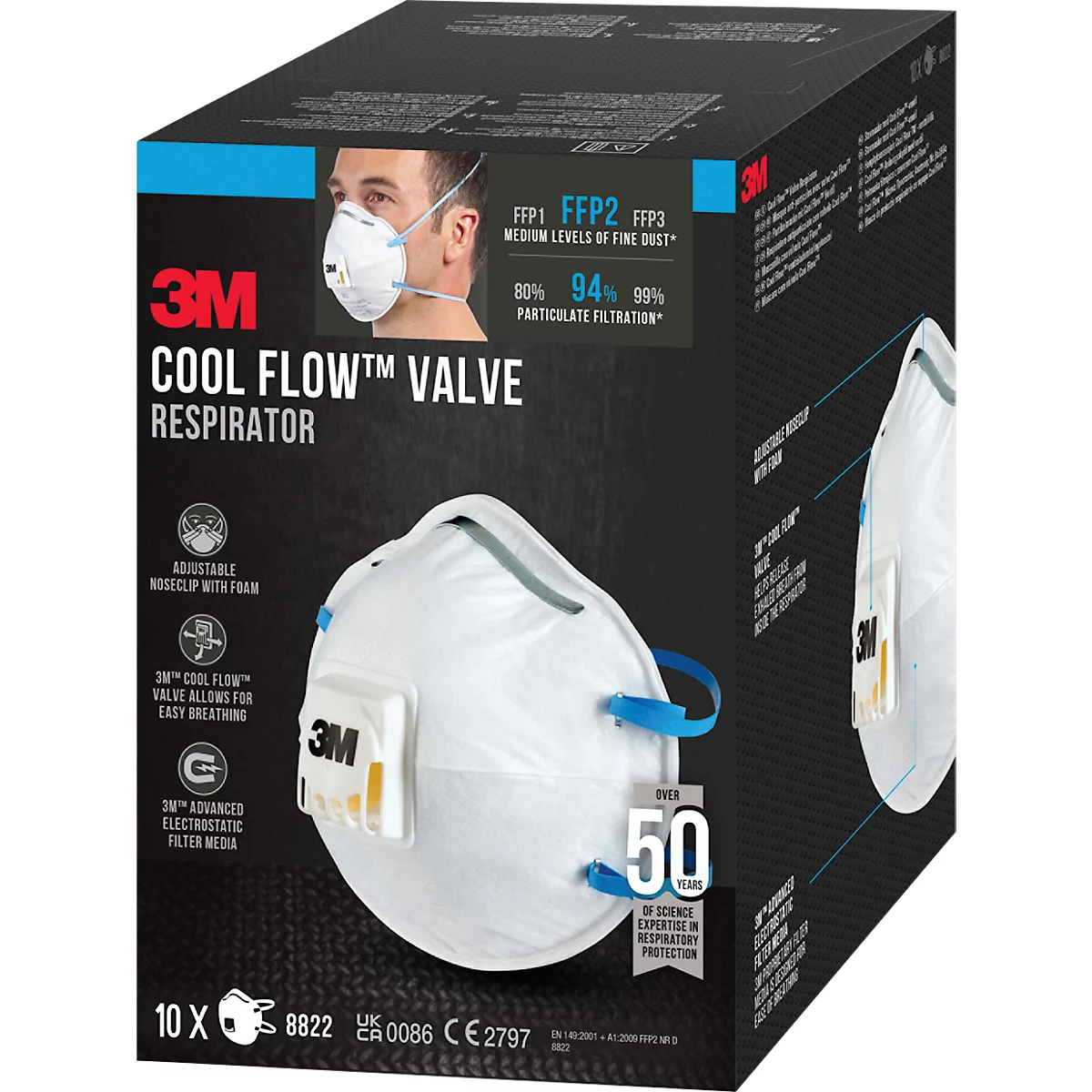 Doos met 3M Cool Flow-ademhalingsmaskers. Een masker is afgebeeld tegen een zwarte achtergrond. Logo's, maskernamen en filterrendementen staan erop.