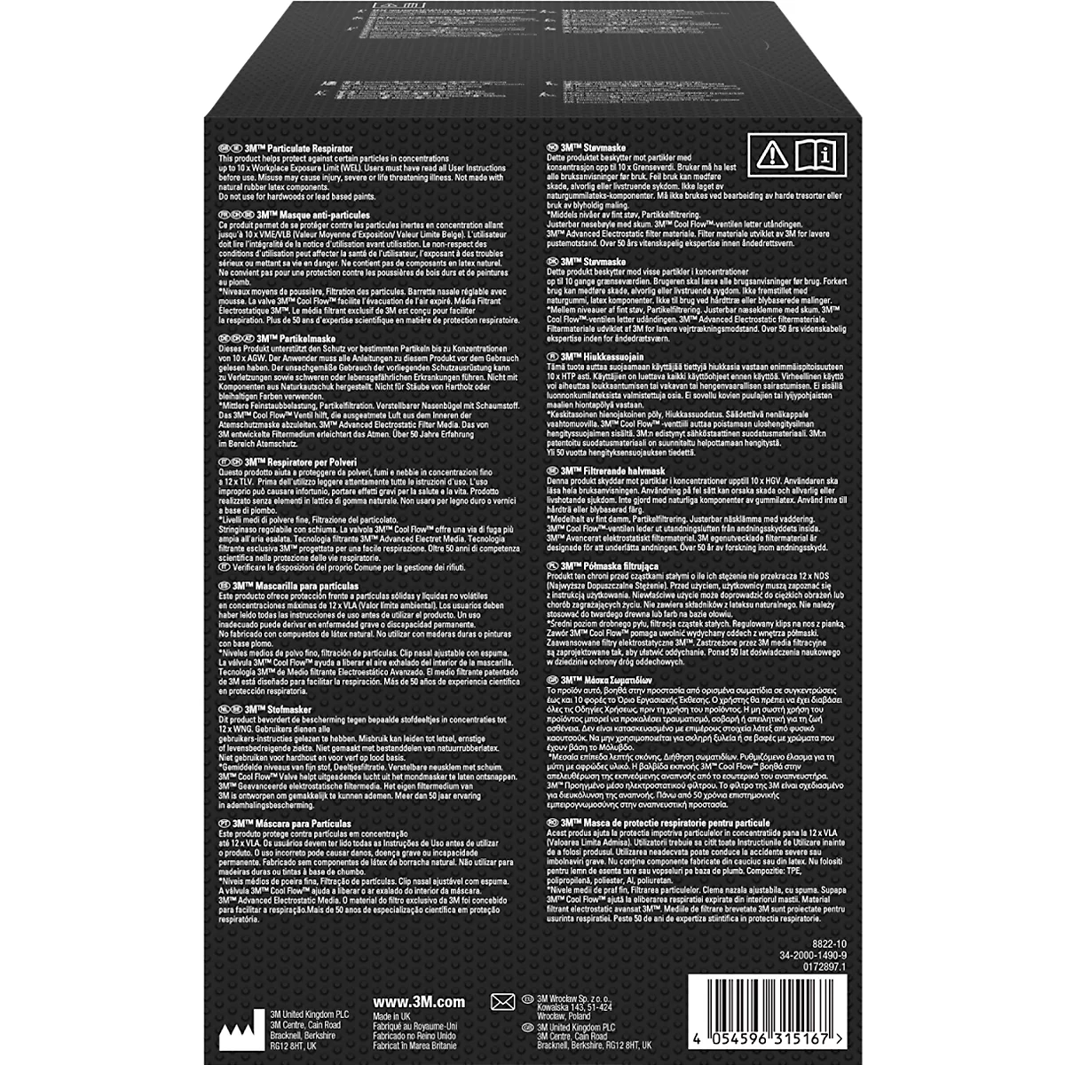 Achterkant van een zwarte verpakking met tekst in meerdere talen. Een waarschuwingssymbool bovenaan.