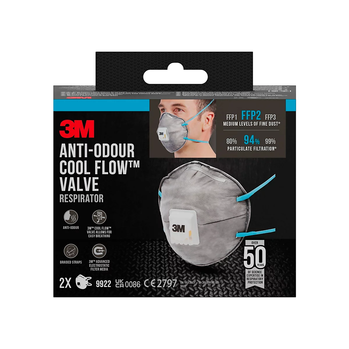 Doos met 3M anti-geur ademhalingsmasker. Bedrukt: FFP2, 94% deeltjesfiltratie. Masker grijs, blauwe bandjes.