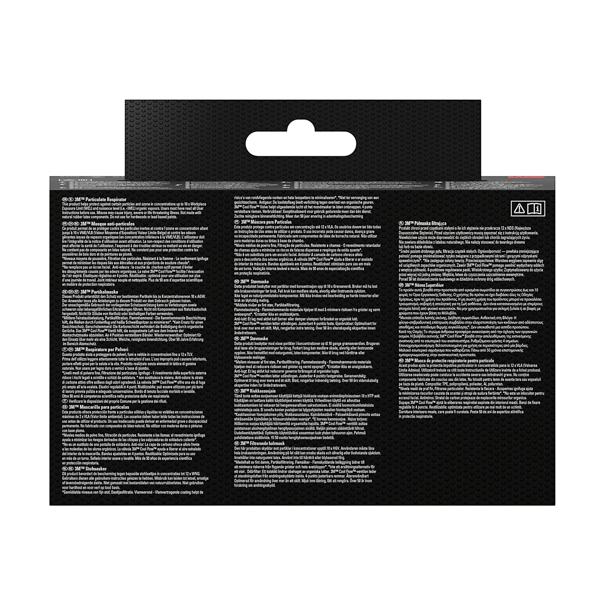 Zwarte productverpakking met witte tekst. Ophanglus aan de bovenrand. Tekst in verschillende talen.