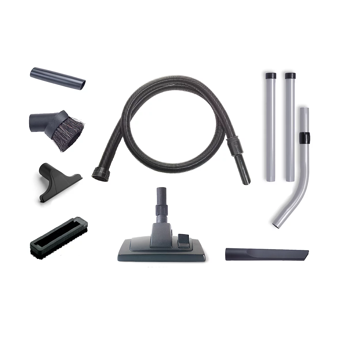 Stofzuigeraccessoires op een witte achtergrond. Diverse mondstukken, slangen en buizen.