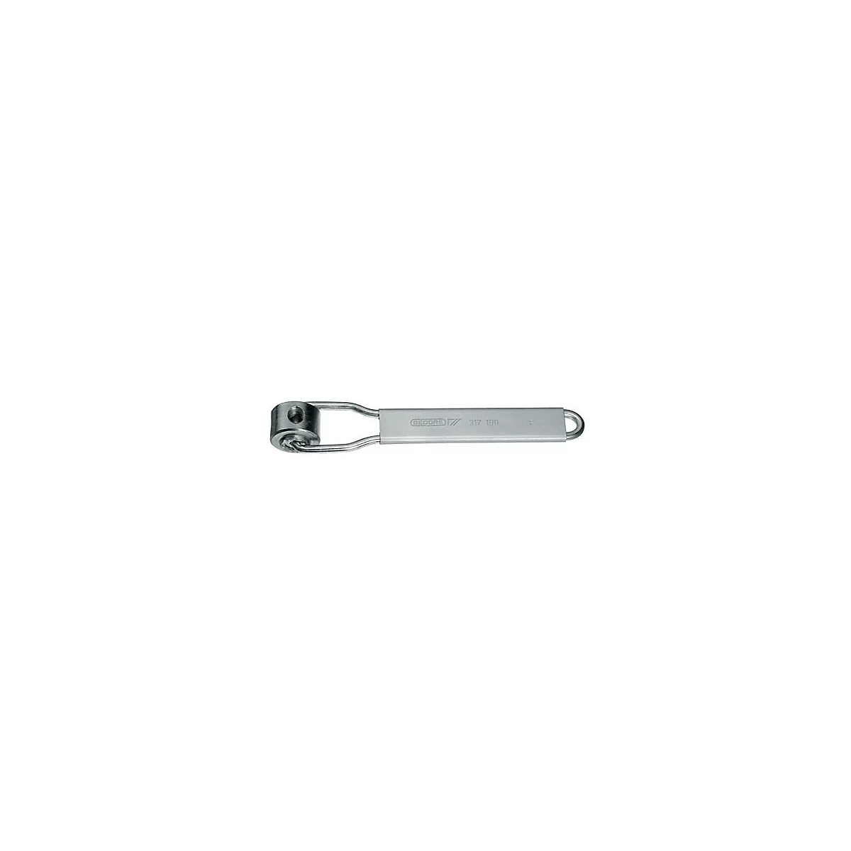Metalen gereedschap, grijs, met een rond uiteinde, rechthoekig middendeel en gebogen eindlus.