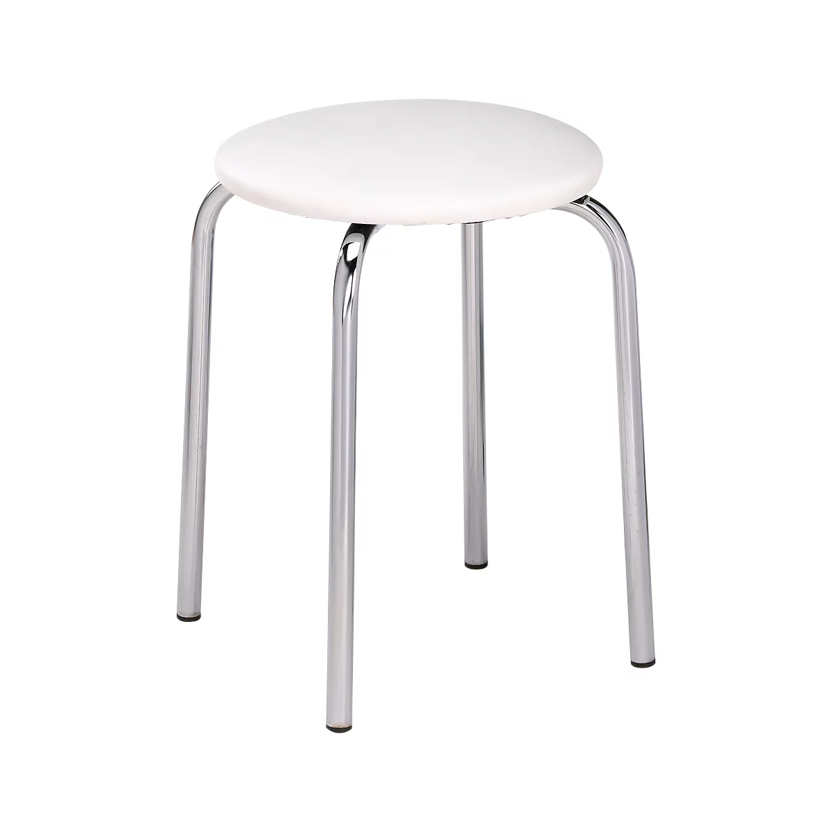 White stool with round seat and chrome metal legs.