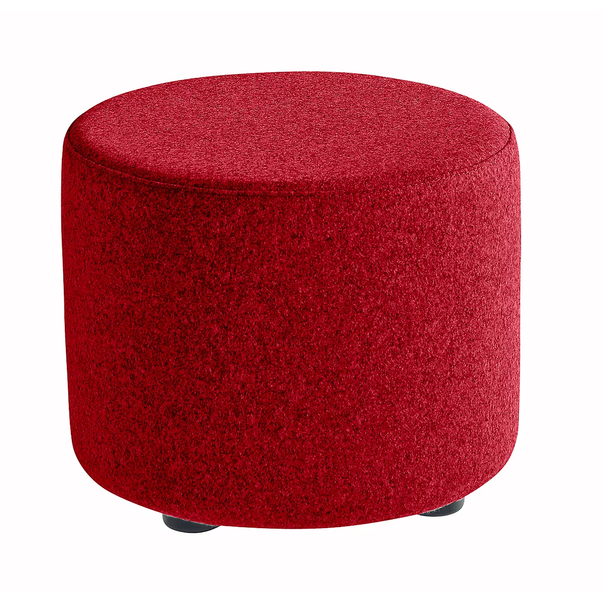 Round, red stool with a fluffy fabric. It stands on three small black feet.