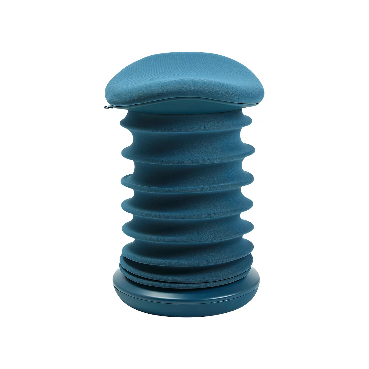 Blue seat, shaped like an accordion, with a round seat and base.