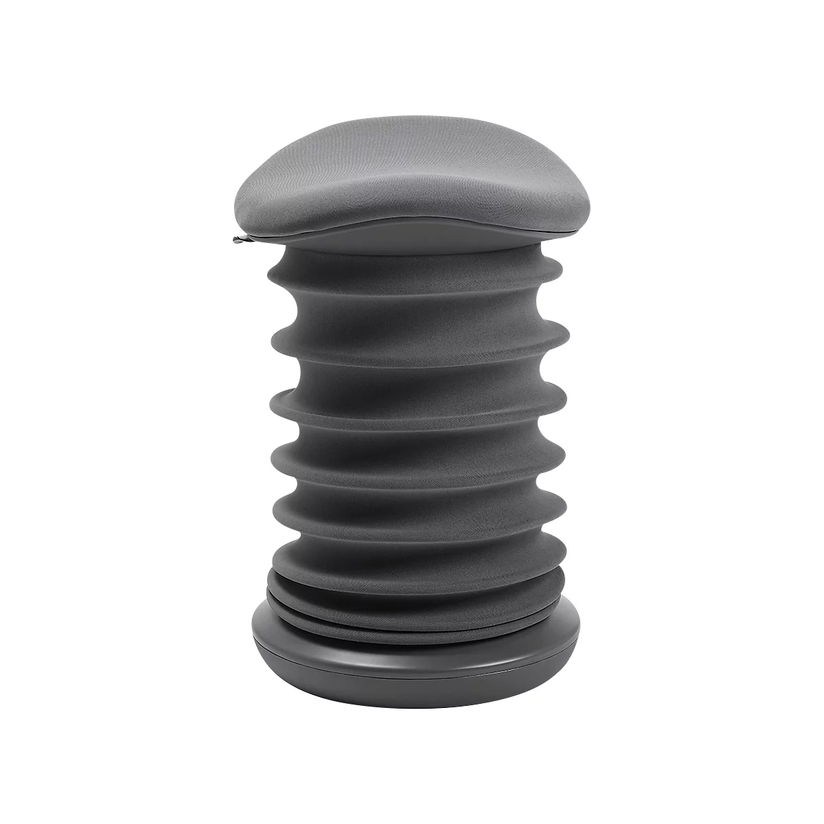 Grey, cylindrical stool with a ribbed structure and a round seat cushion.