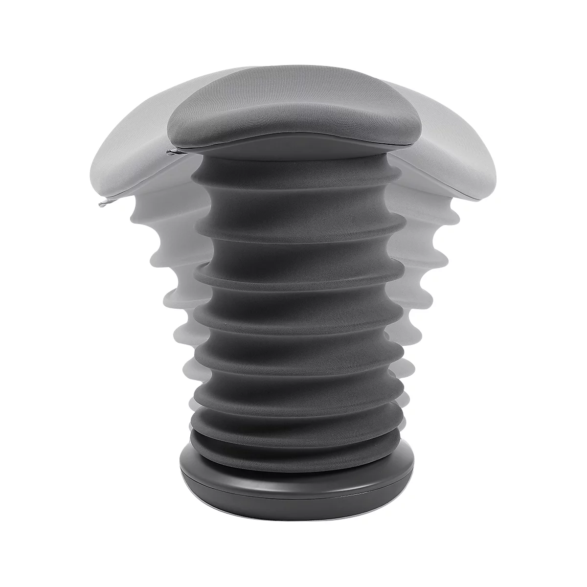 Gray ergonomic standing stool with ribbed column and seat.