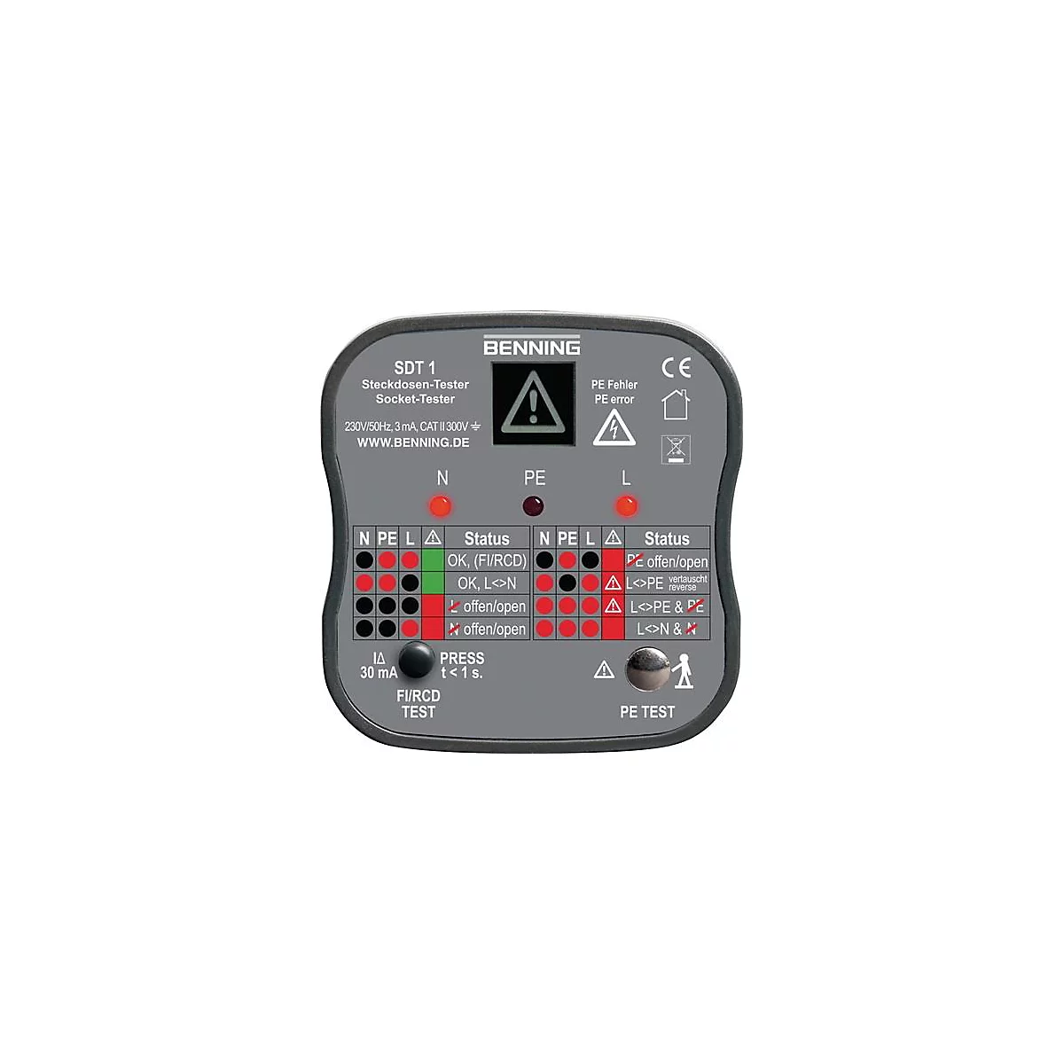Grijze stopcontacttester van Benning met rode en groene lampjes en een zwarte knop.