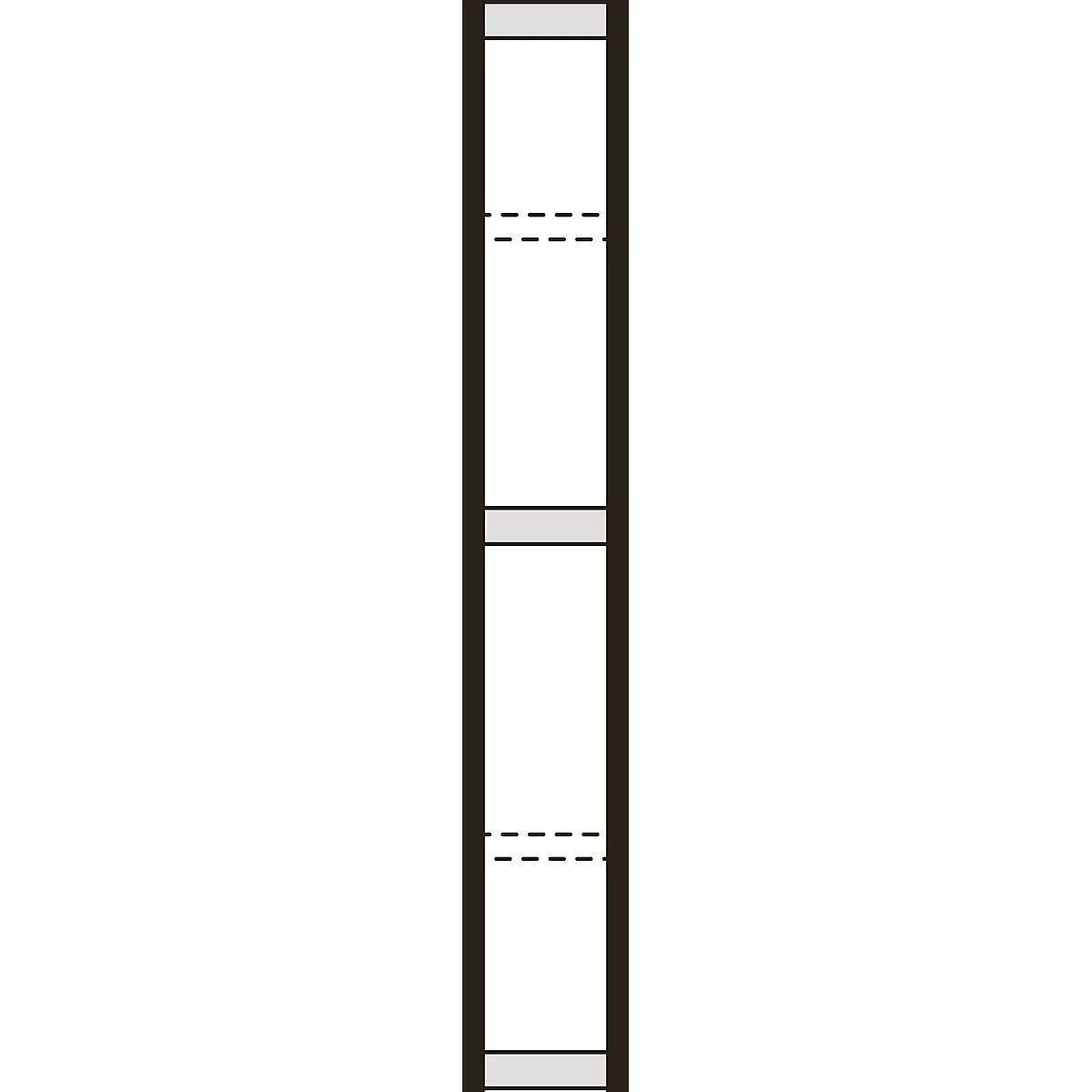Vertical view: a white area, bordered by dark side stripes. Light horizontal lines at top and bottom. Dashed lines in between.
