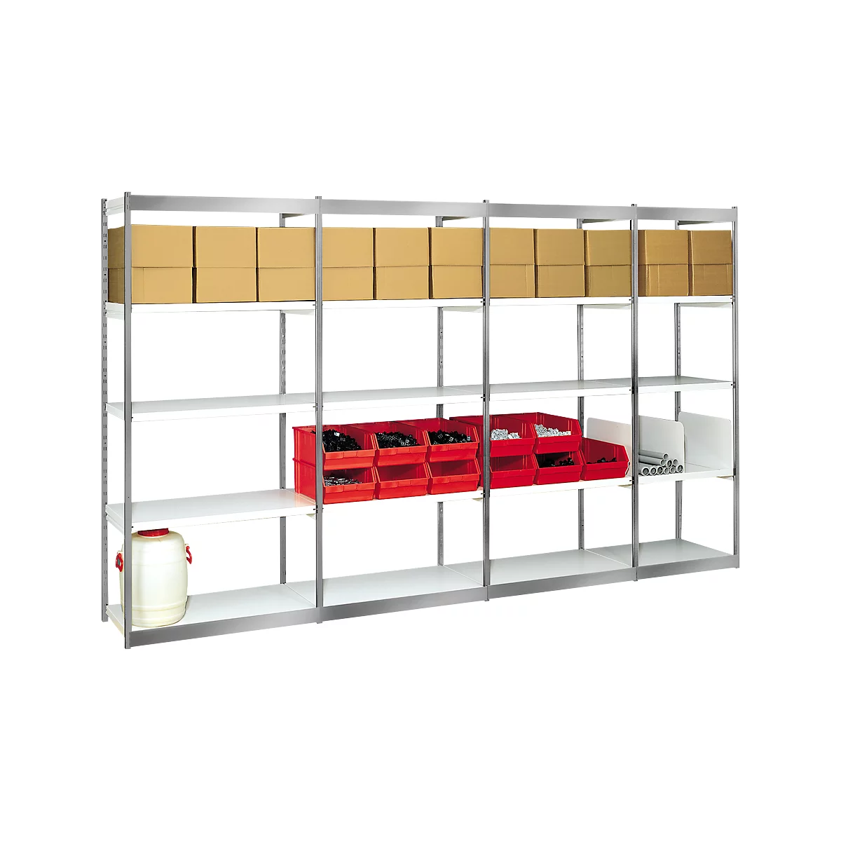 Warehouse shelf with boxes, red containers and white barrel.
