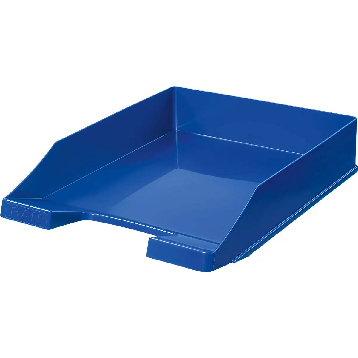 Blue, rectangular plastic tray, for paper. Rectangular shape with sloping sides.