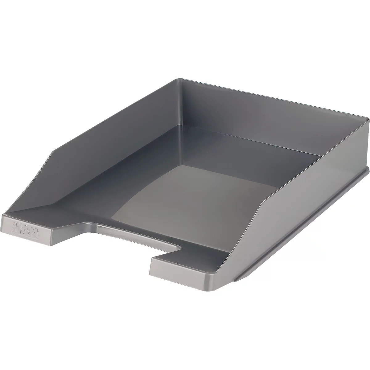 Gray, rectangular plastic tray. A small cutout on the front.
