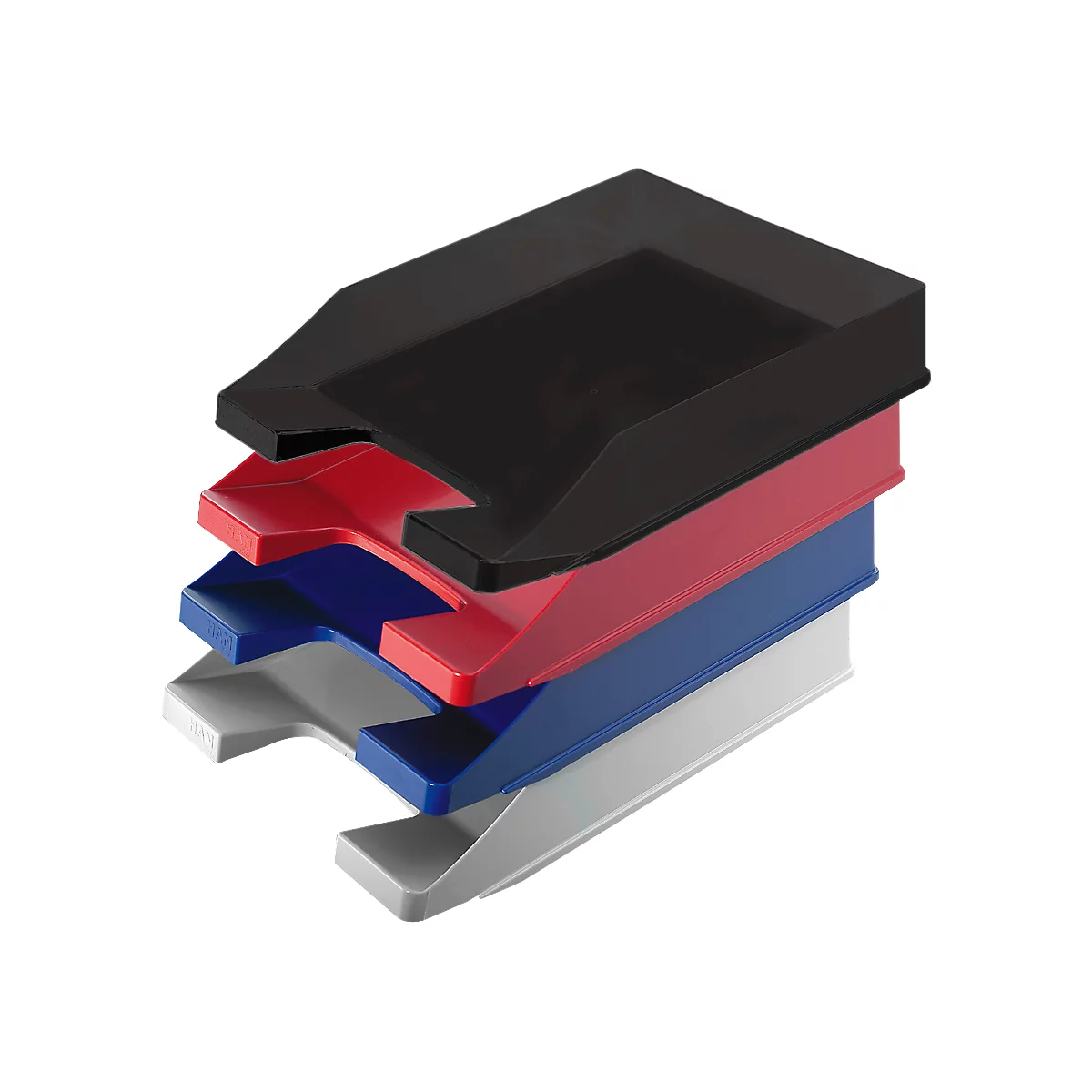 Stacked file trays in black, red, blue, and grey. Shaped cutouts on the front.