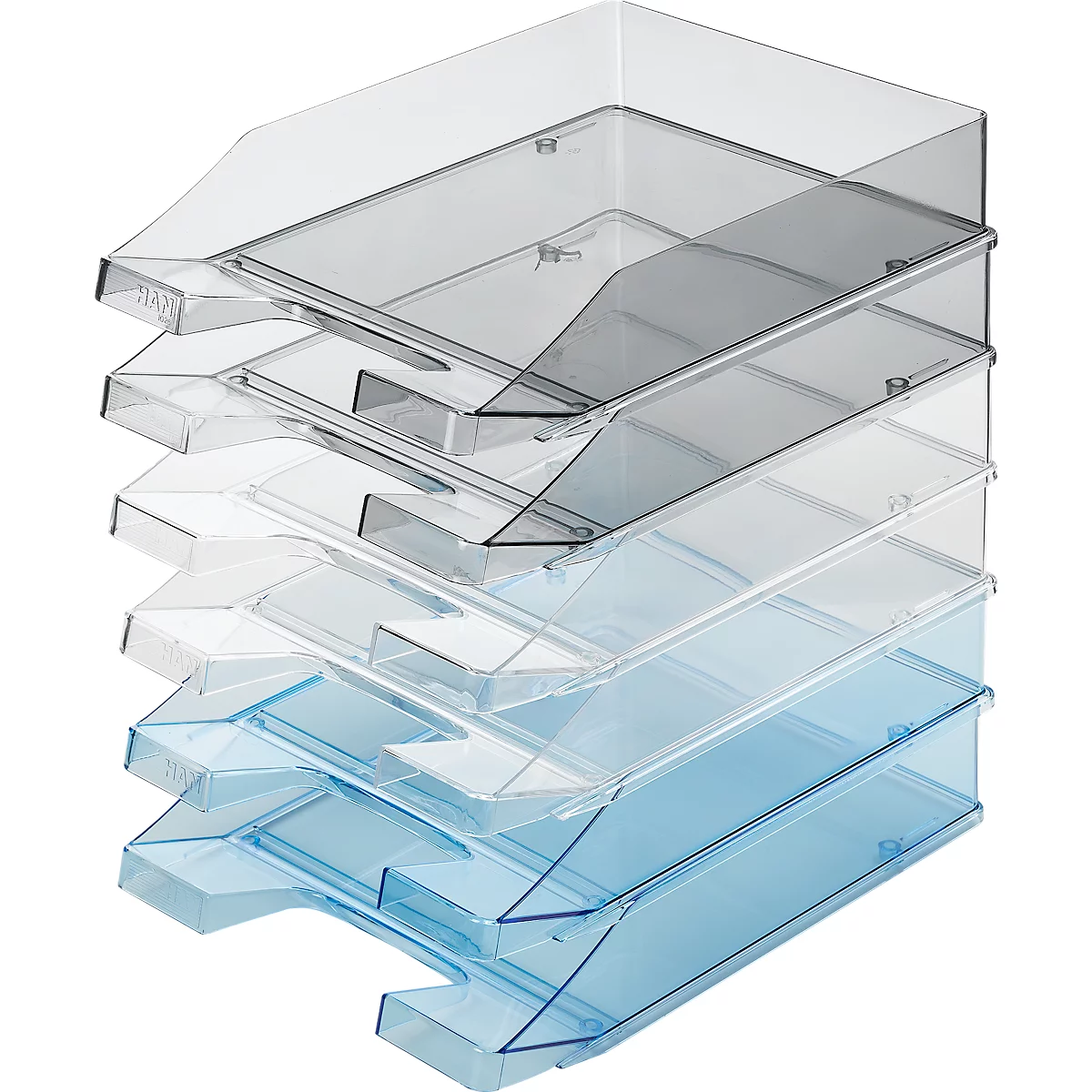 Stack of transparent file trays in different colors.