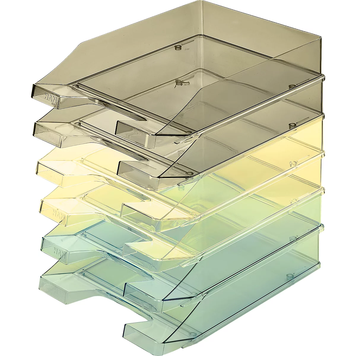 A stack of transparent, different-colored document trays.