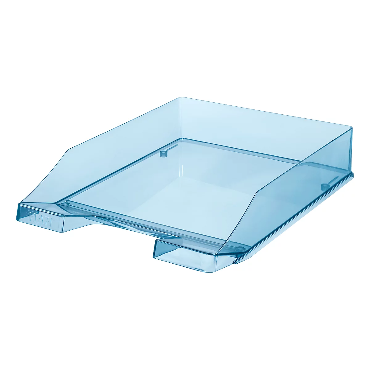 Light blue, transparent plastic tray. Angled side walls with rounded corners.