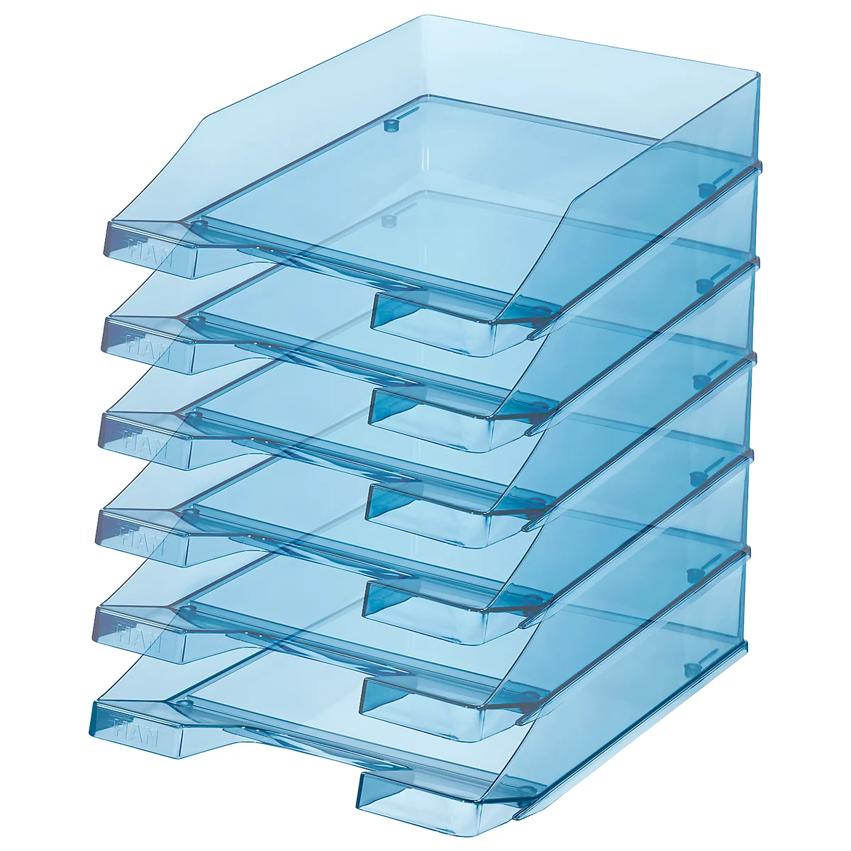 Light blue file tray, five arranged on top of each other.