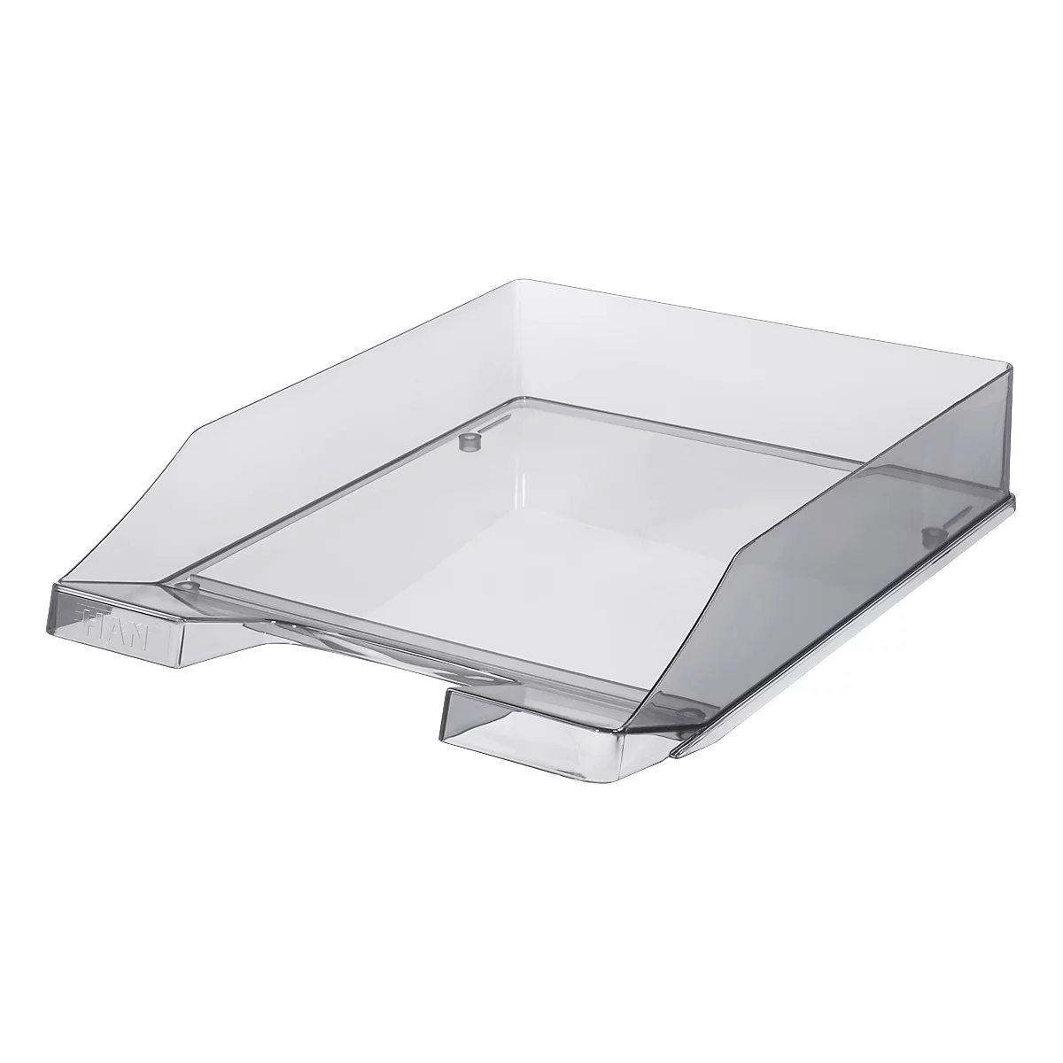 Clear, angular plastic letter tray. Front with small recess. Angled sides, for easy gripping.