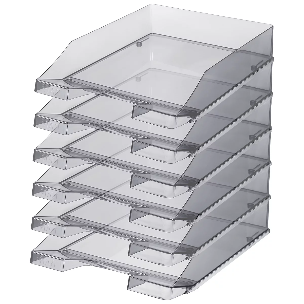 Gray, transparent stacked document trays. Angled top edge and rectangular shape. Ideal for paper and documents.