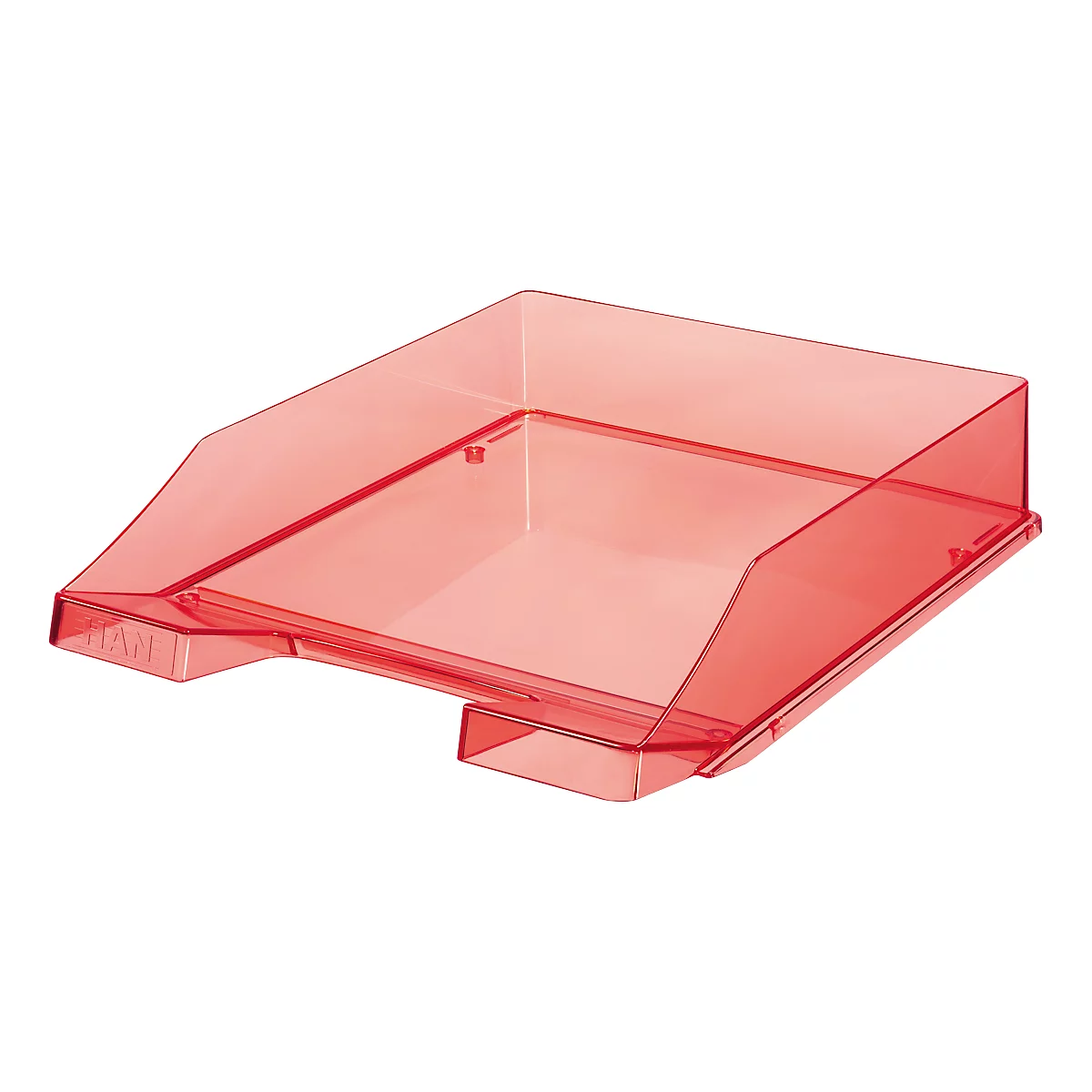 Red, transparent letter tray. The letters 'HAN' are visible on the front.