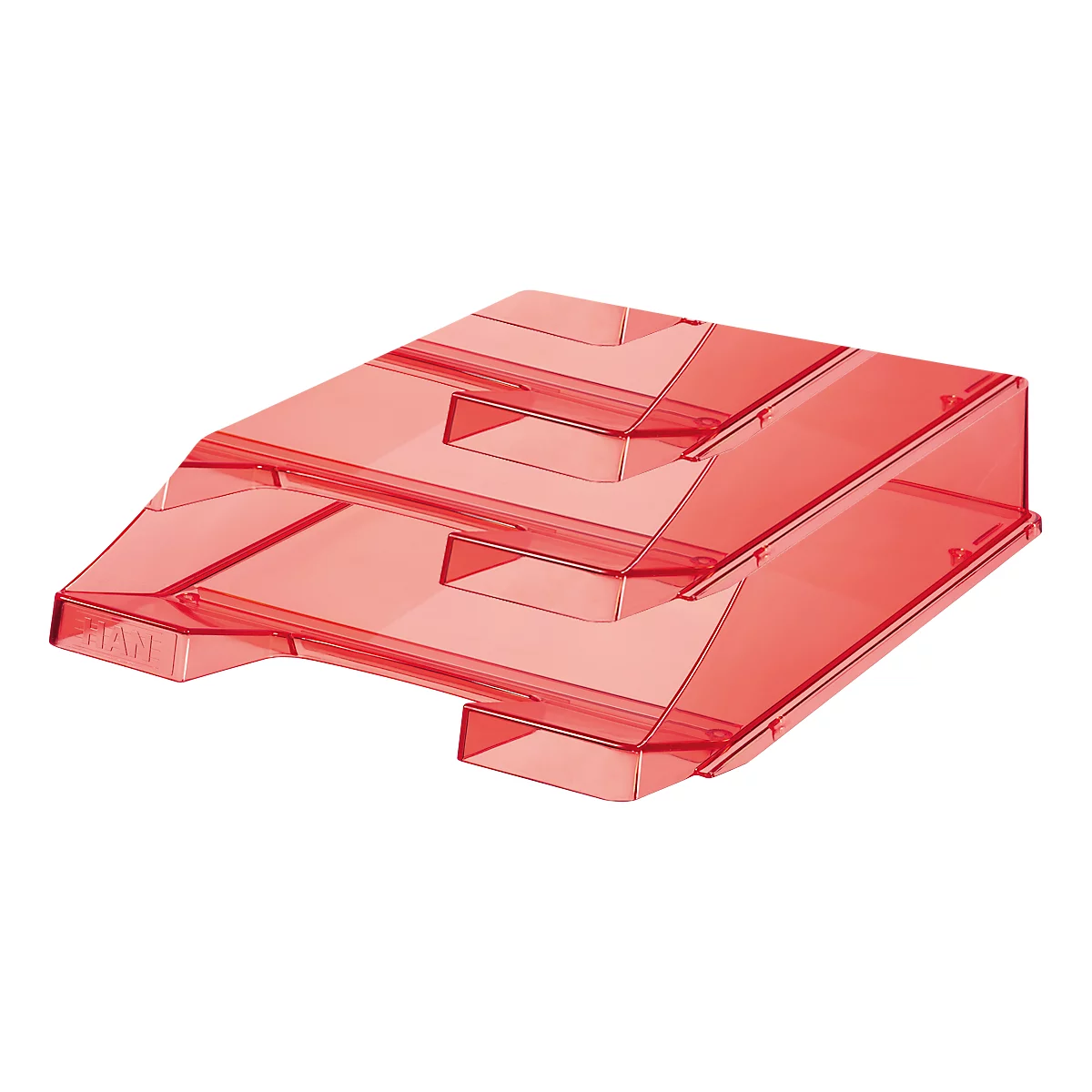Transparent red plastic letter tray, slightly inclined. The design is clear and functional.