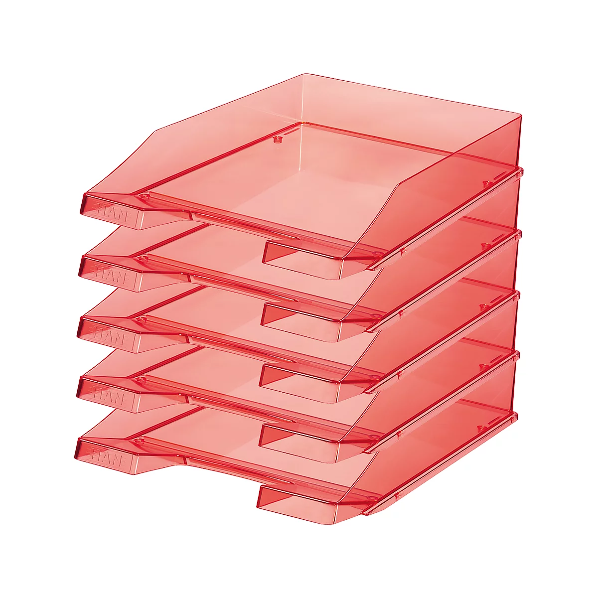 Stack of four red, transparent letter trays. Each tray slopes slightly upwards.