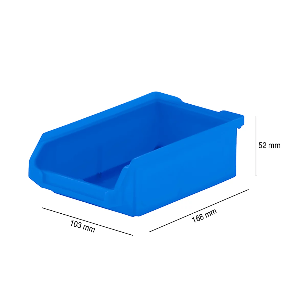 Blue plastic box, marked with dimensions. Dimensions: 168 x 103 x 52 mm.